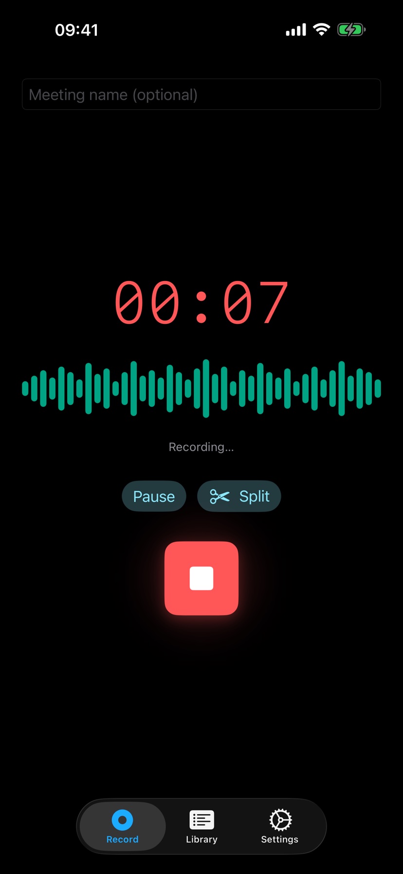 Clearminutes iPhone recording screen with live waveform and transcript appearing