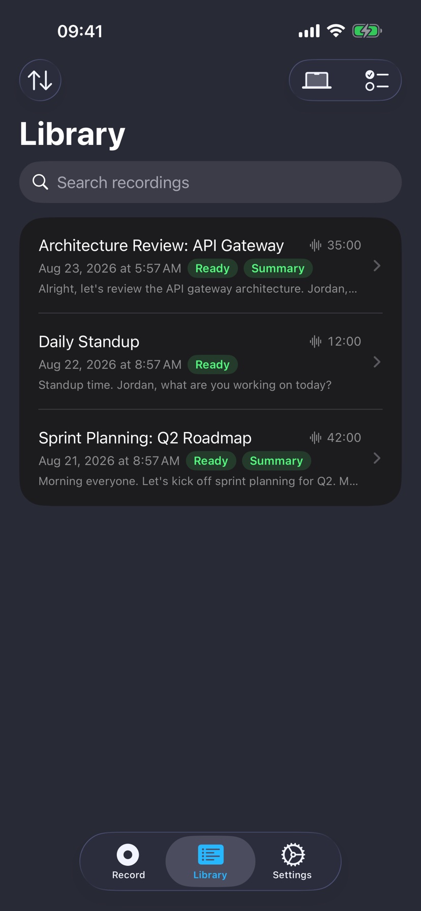 Clearminutes transcript library with folder organization and search