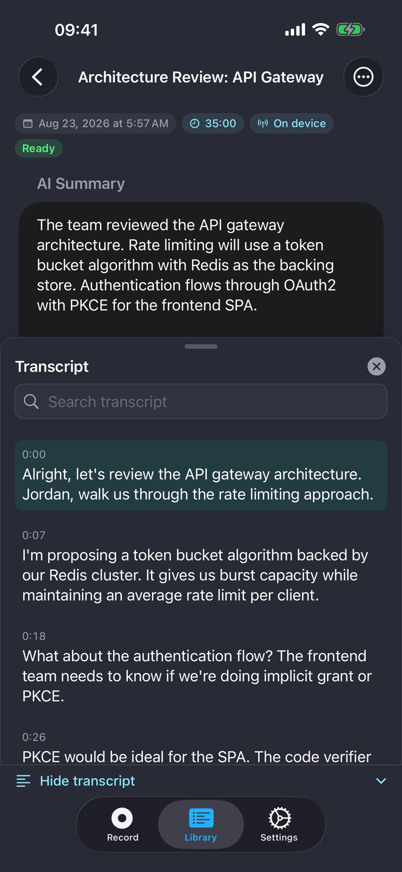 Transcript detail with keyword highlights and playback controls