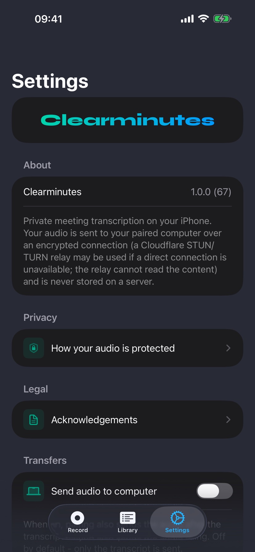 Settings with text size slider and extended recording mode